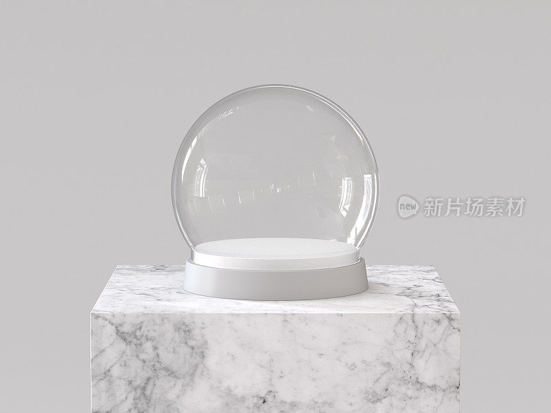 在白色大理石讲台上，用白色托盘清空玻璃雪球。3 d渲染。